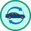 blue car with rotating arrows