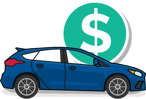 blue car with dollar symbol