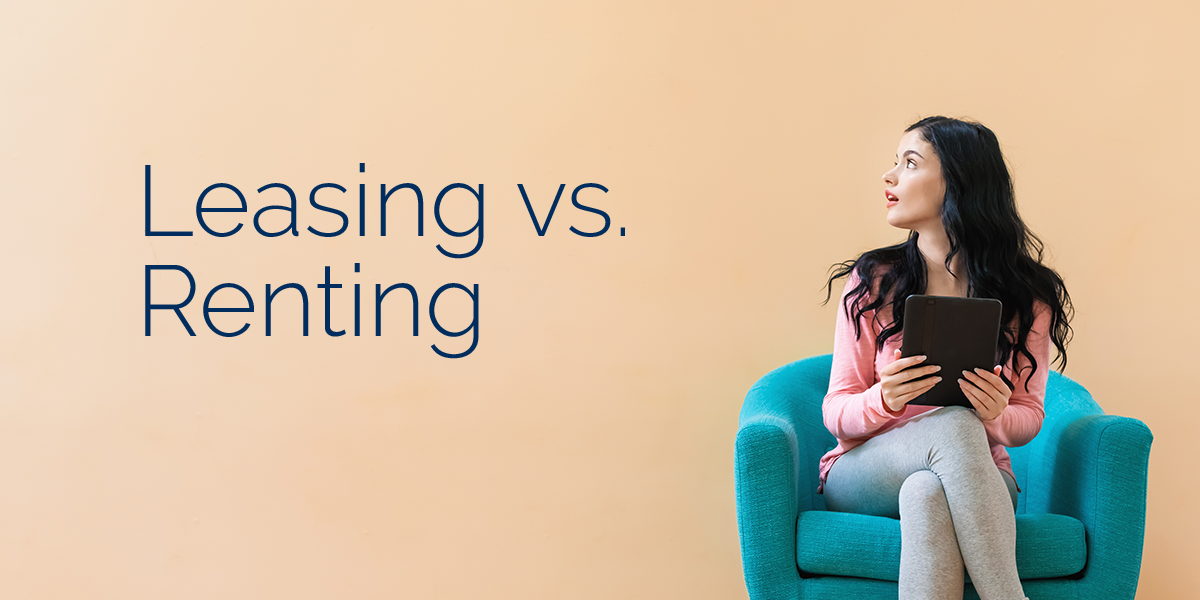 Picture of a woman sitting on an armchair with an iPad. Text says "Leasing vs. Renting."